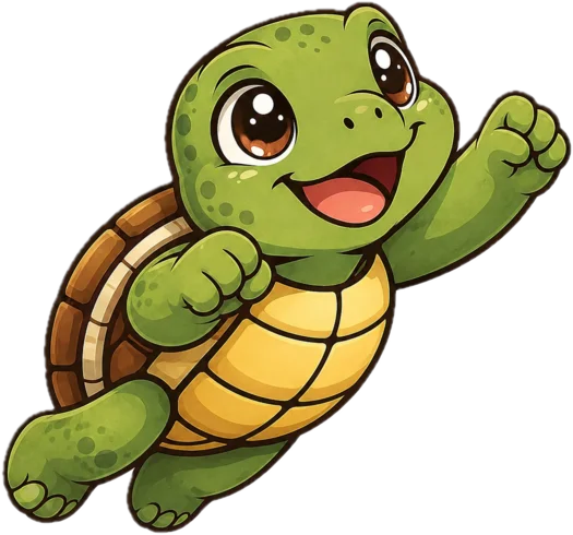 Tebbo, a cheerful cartoon turtle waving a fist